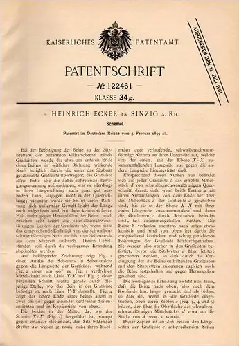 Original Patentschrift - H. Ecker in Sinzig b. Ahrweiler a. Rh. , 1899 , Militär - Schemel , Hocker  !!!