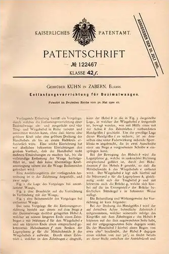 Original Patentschrift - Gebr. Kuhn in Zabern / Saverne i. Elsass , 1900 , appareils pour décimal - Balance !!!