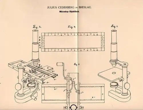 Original Patentschrift - J. Cederberg in Breslau , 1900 , Mikroskop - Objekttisch , microscope !!!