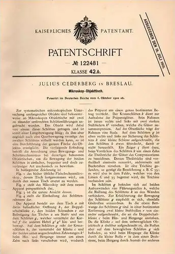 Original Patentschrift - J. Cederberg in Breslau , 1900 , Mikroskop - Objekttisch , microscope !!!