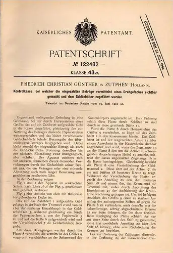 Original Patentschrift - F. Günther in Zutphen , 1900 , Kasse , Kontrollkasse , Sparkasse , Geld !!!