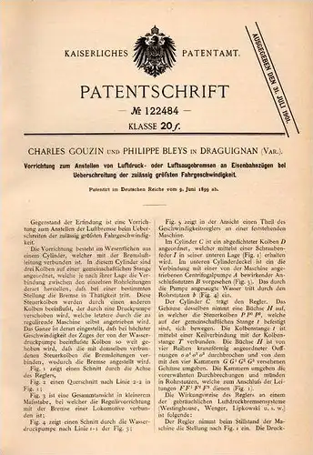 Original Patentschrift - C. Gouzin und P. Bleys in Draguignan / Var , 1899, Freins à air comprimé pour chemin de fer !!!