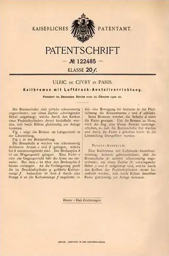 Original Patentschrift - Ulric de Civry in Paris , 1900 , frein avec une pression d´air, rail !!!