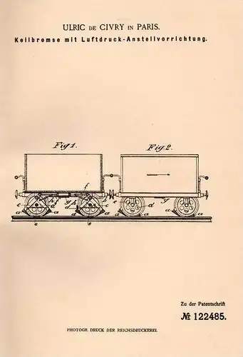 Original Patentschrift - Ulric de Civry in Paris , 1900 , frein avec une pression d´air, rail !!!