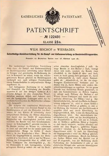 Original Patentschrift - W. Bischof in Wiesbaden , 1900 , Apparat für Benzin - Destillierapparat !!!