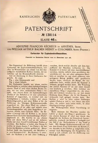 Original Patentschrift - A. Kécheur und W. Heerey in Asnieres und Colombes , 1901 , carburateur pour moteurs !!!