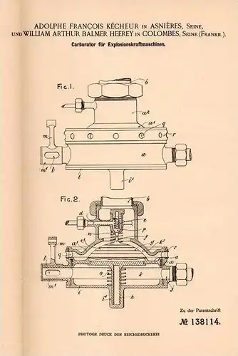 Original Patentschrift - A. Kécheur und W. Heerey in Asnieres und Colombes , 1901 , carburateur pour moteurs !!!