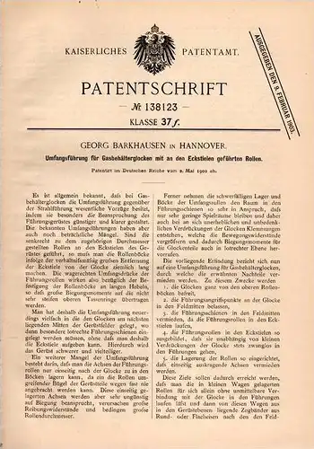 Original Patentschrift - G. Barkhausen in Hannover , 1902 , Führung für Gasbehälter - Glocken , Gas !!!