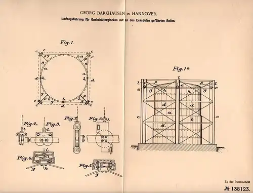 Original Patentschrift - G. Barkhausen in Hannover , 1902 , Führung für Gasbehälter - Glocken , Gas !!!