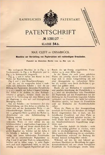 Original Patentschrift - Max Cleff in Osnabrück , 1901 , Maschine für Papiersäcke , Papier , Sack !!!