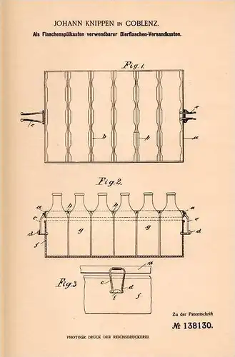 Original Patentschrift -J. Knippen in Koblenz / Coblenz ,1901,Spülkasten für Bierflaschen , Bierkiste , Bier  , Brauerei