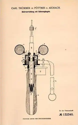 Original Patentschrift - C. Trümmer in Pöttmes b. Aichach , 1901 , Bohrapparat , Bohrer , Bohrmaschine !!!