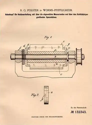 Original Patentschrift - R.G. Polster in Worms - Pfiffligheim , 1901, Hobelkopf für Holz , Hobel , Tischlerei , Tischler