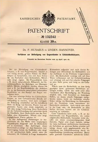 Original Patentschrift - Dr. P. Hunaeus in Linden - Hannover , 1901 , Celluloid - Befestigung für Puppen , Puppe !!!