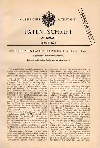 Original Patentschrift - A. Davis in Roundhay , Leeds , 1901 , mercury - barometer !!!