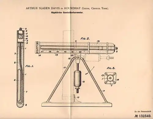 Original Patentschrift - A. Davis in Roundhay , Leeds , 1901 , mercury - barometer !!!