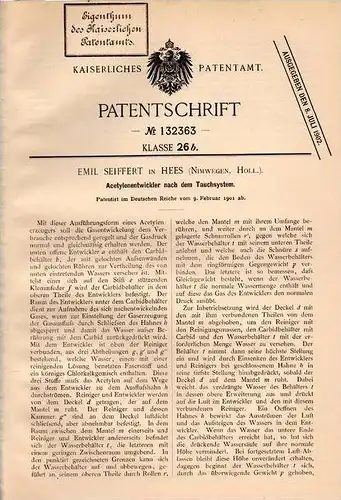 Original Patentschrift - E. Seiffert in Hees , Nijmegen , 1901 , Entwickler für Acetylen , Gas !!!
