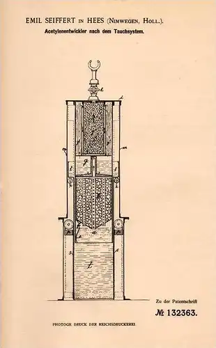 Original Patentschrift - E. Seiffert in Hees , Nijmegen , 1901 , Entwickler für Acetylen , Gas !!!