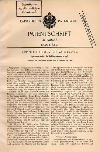 Original Patentschrift - R. Gleim in Berga a. Elster , 1901 , Spiritus - Brenner für Feldküche , Koch , Küche !!!