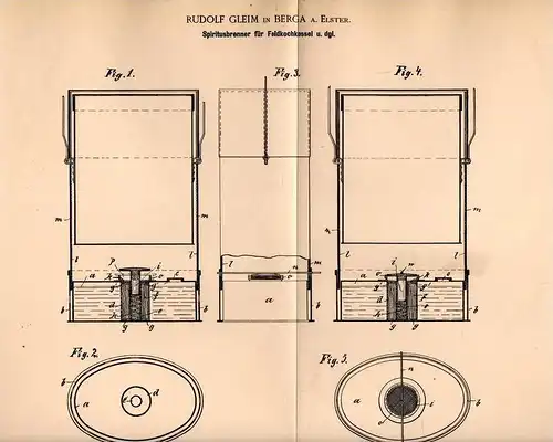 Original Patentschrift - R. Gleim in Berga a. Elster , 1901 , Spiritus - Brenner für Feldküche , Koch , Küche !!!