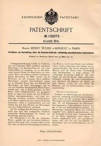 Original Patentschrift - Baron Henry Texier d`Arnoult in Paris , 1901, enveloppe de celluloïd pour électrode , Celluloid