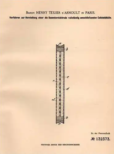 Original Patentschrift - Baron Henry Texier d`Arnoult in Paris , 1901, enveloppe de celluloïd pour électrode , Celluloid