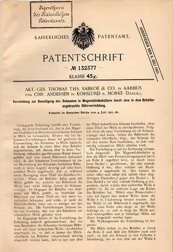 Original Patentschrift - C. Andersen in Korslund b. Morke , 1901 , Apparat zur Milchschaum - Beseitigung , Aarhus !!!