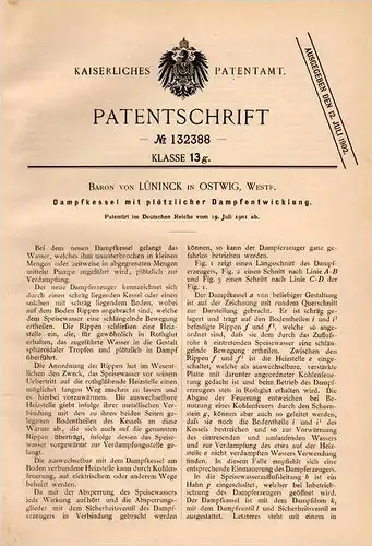 Original Patentschrift - Baron v. Lüninck in Ostwig b. Bestwig , 1901 , Dampfkessel , Dampfmaschine , Kessel !!!