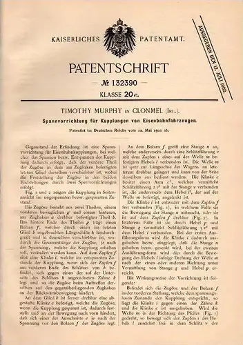 Original Patentschrift - T. Murphy in Clonmel , Irland , 1901 ,  coupling for railroad , train !!!