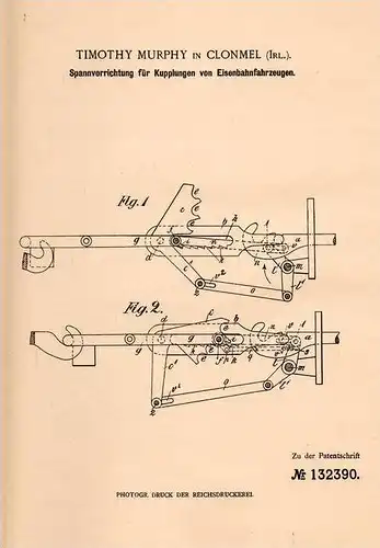 Original Patentschrift - T. Murphy in Clonmel , Irland , 1901 ,  coupling for railroad , train !!!