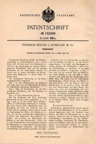 Original Patentschrift - F. Berger in Domslaff / Domislaw , Westpreussen , 1901 , Fallenschloß , Türschloß , Schlochau !