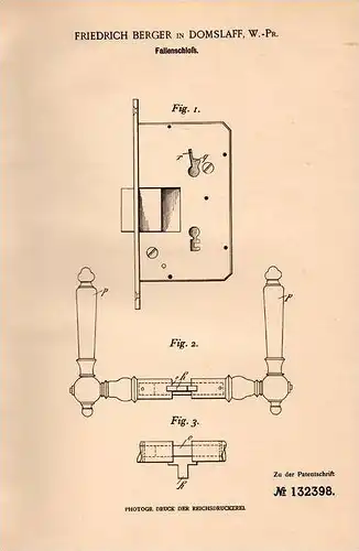 Original Patentschrift - F. Berger in Domslaff / Domislaw , Westpreussen , 1901 , Fallenschloß , Türschloß , Schlochau !