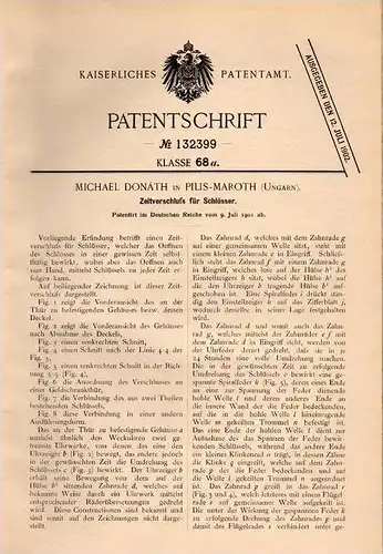 Original Patentschrift - M. Donáth in Pilismarót , Hungary , 1901 , Zeitverschluss für Schloß , Türschloss , Schlüssel !