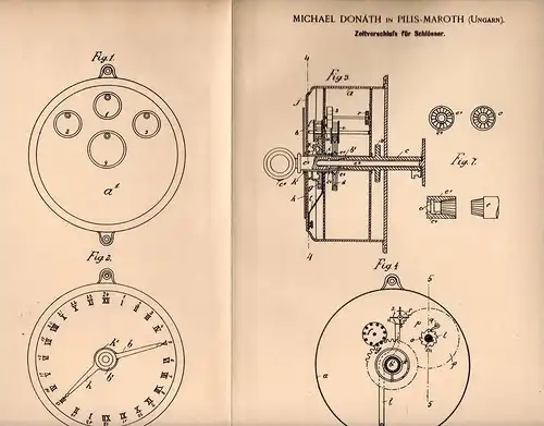 Original Patentschrift - M. Donáth in Pilismarót , Hungary , 1901 , Zeitverschluss für Schloß , Türschloss , Schlüssel !