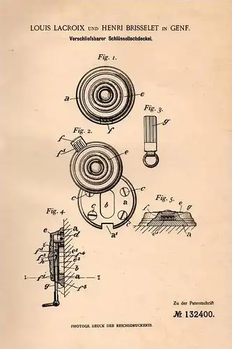 Original Patentschrift - L. Lacroix und H. Brisselet in Genf , 1901 , verschließbares Schlüsselloch , Schlüsseldienst !!