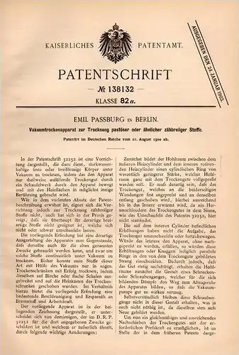 Original Patentschrift - Emil Passburg in Berlin , 1900 , Vakuum - Trockenapparat für breiige Stoffe !!!