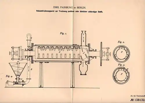 Original Patentschrift - Emil Passburg in Berlin , 1900 , Vakuum - Trockenapparat für breiige Stoffe !!!