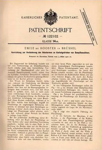 Original Patentschrift - Emile de Rooster in Brüssel , 1900 , Apparat für Dampfmaschine  !!!