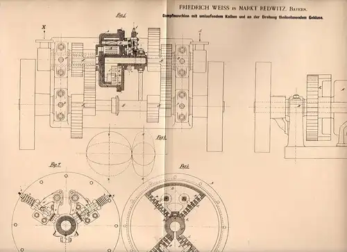 Original Patentschrift - F. Weiss in Markt Redwitz , Bayern , 1900 , Dampfmaschine mit umlaufendem Kolben !!!