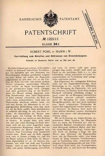 Original Patentschrift - R. Pohl in Hamm i.W., 1900 , Apparat für Einwickelpapier , Papier !!!