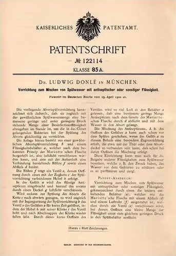 Original Patentschrift - Dr. L. Donlé in München , 1900 , Mischapparat für Spülwasser , Bakterien , Closet , Sanitär !!!