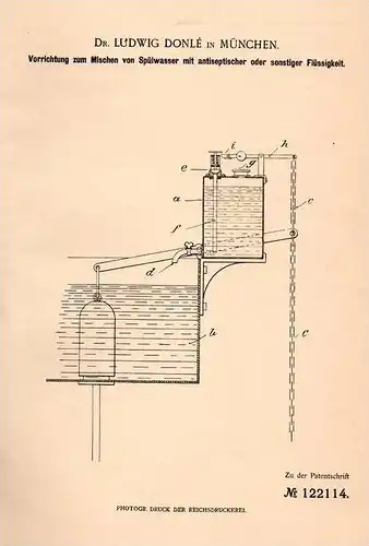 Original Patentschrift - Dr. L. Donlé in München , 1900 , Mischapparat für Spülwasser , Bakterien , Closet , Sanitär !!!