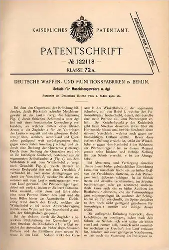 Original Patentschrift - Deutsche Waffen und Munitionsanstalt in Berlin ,1900, Schloß für Maschinengewehr , Gewehr , MG