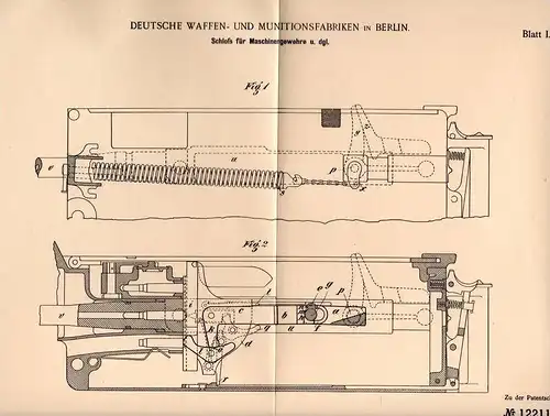 Original Patentschrift - Deutsche Waffen und Munitionsanstalt in Berlin ,1900, Schloß für Maschinengewehr , Gewehr , MG