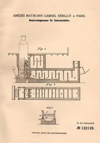 Original Patentschrift - A. Sébillot in Paris , 1900 , Chambre de four à cuve, le zinc, le plomb !!!