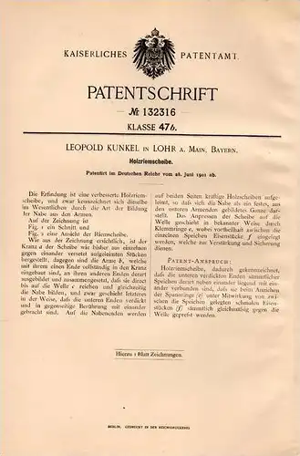 Original Patentschrift - L. Kunkel in Lohr a. Main , 1901 , Holz Riemenscheibe , Maschinen , Tischlerei !!!