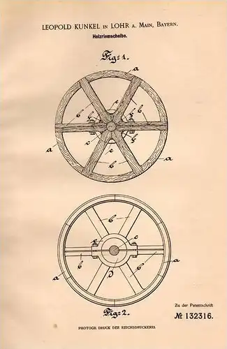 Original Patentschrift - L. Kunkel in Lohr a. Main , 1901 , Holz Riemenscheibe , Maschinen , Tischlerei !!!