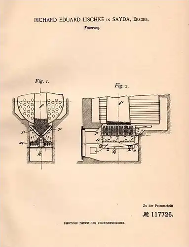 Original Patentschrift - R. Lischke in Sayda i. Erzgeb., 1900 , Feuerung , Heizung , Heizungsbau , Kamin !!!