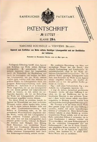 Original Patentschrift - N. Rousselle in Verviers , 1900 , Apparat zum Entfetten von Wolle !!!