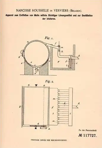 Original Patentschrift - N. Rousselle in Verviers , 1900 , Apparat zum Entfetten von Wolle !!!